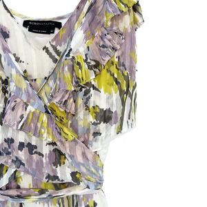 BCBG MAX AZRIA 100% Silk Floral Faux Wrap Ruffle Dress • Medium • white, purple